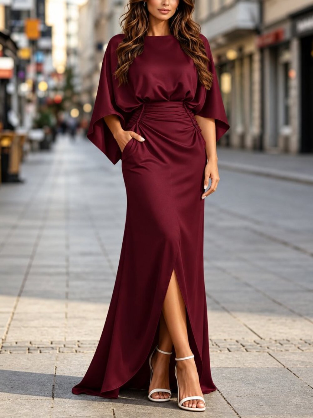 Women's Burgundy Ruched Waist Maxi Dress with Pockets Casual Fall Chic